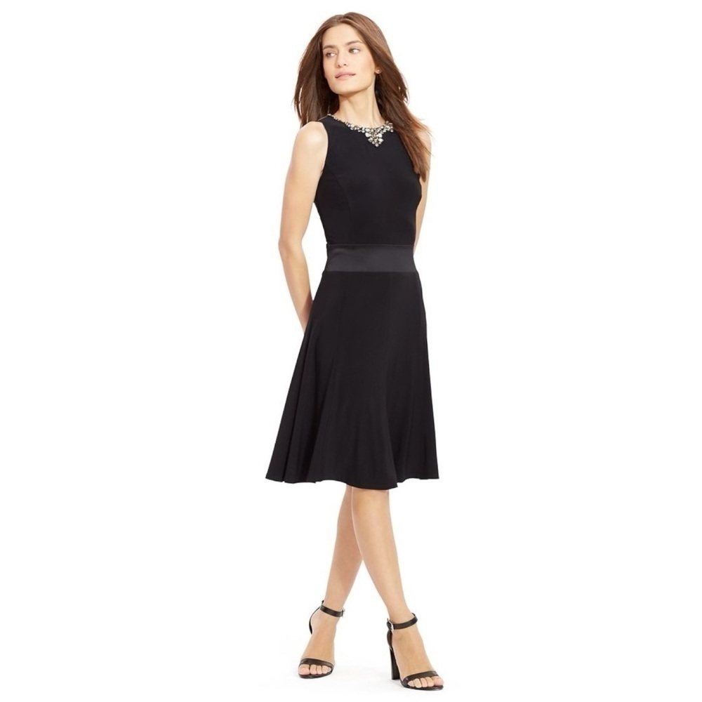 Lauren Ralph Lauren Little Black Cocktail Dress Embellished Neckline 6 Jersey